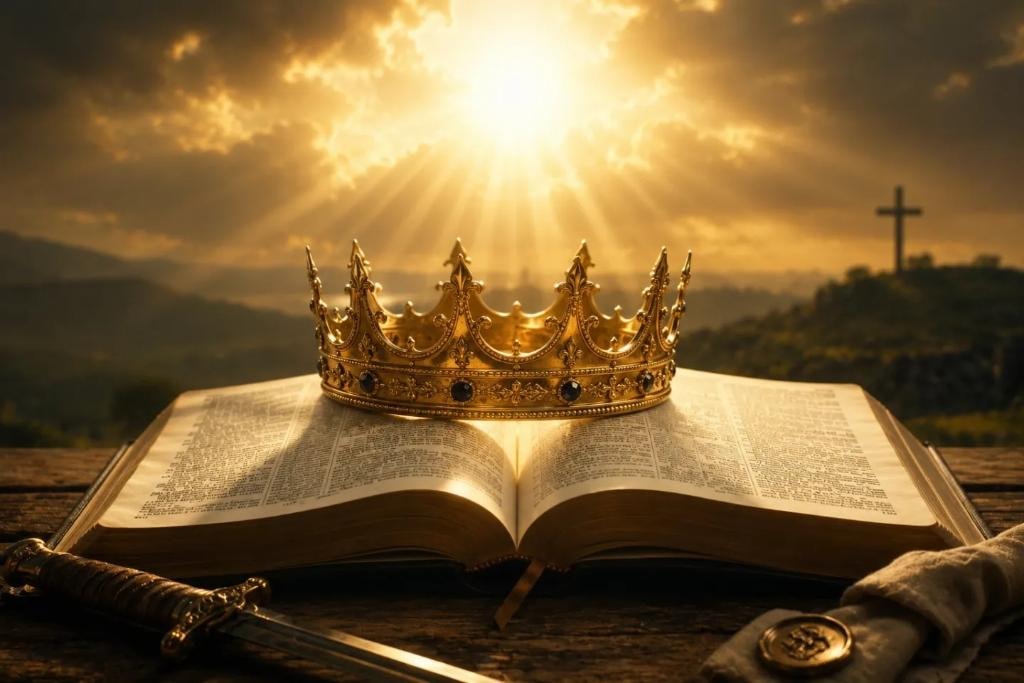 Crown on open Bible with cross and rays of light — what we believe