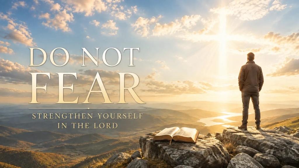 Man standing on a mountaintop before a glowing cross — Do Not Fear, Strengthen Yourself in the Lord