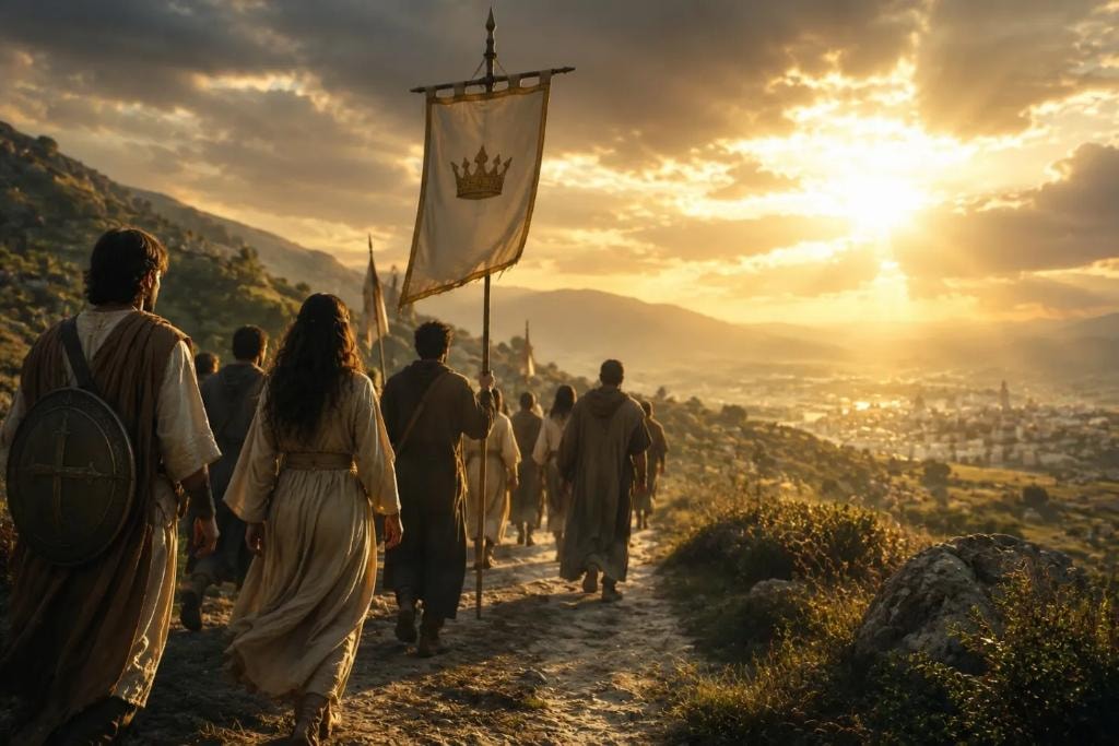 A group marching with a crown banner toward the city at golden hour — our mission