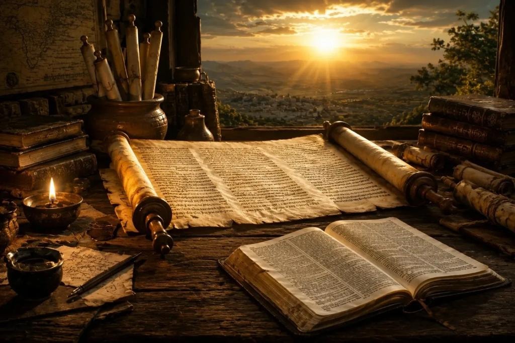 Ancient scrolls and open Bible on a wooden desk at sunset — rethinking the end times