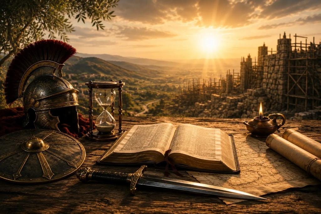 Roman helmet, hourglass, open Bible, sword and scroll on a wooden table at golden sunset — who we are